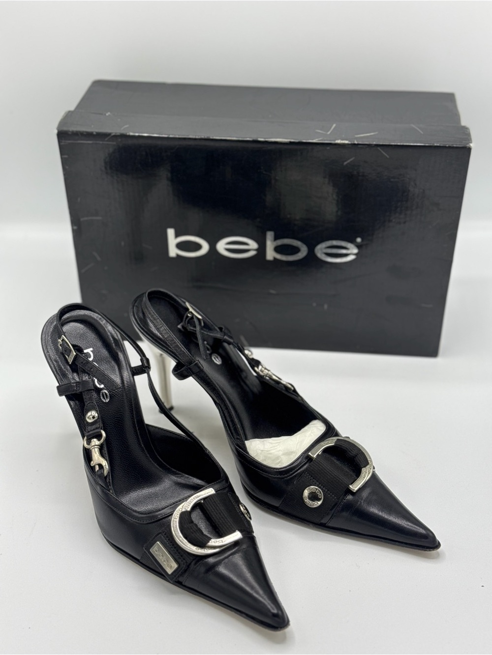 bebe Black Pointed Toe Slingback Heels with Silver Buckle Accents early 2000’s